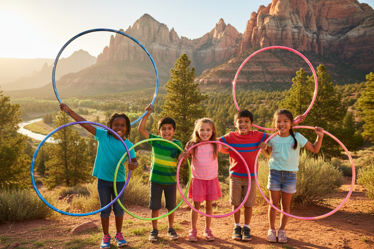 group of kids holding hula hoops out like they are showing them off. Maybe about 5 kids but make sure there is a variety of skin tones and ethnecities. have the background be outdoors, think canyons, trees