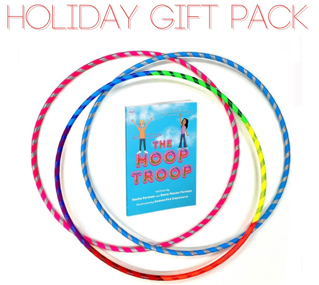 Hoop Troop holiday gift pack for kids featuring The Hoop Troop book with matching colorful hula hoops by Hoopologie.