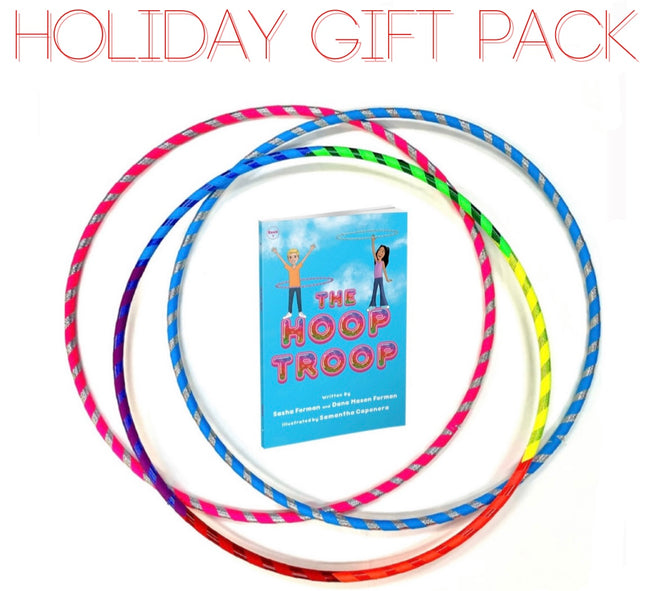 Hoop Troop holiday gift pack for kids featuring The Hoop Troop book with matching colorful hula hoops by Hoopologie.