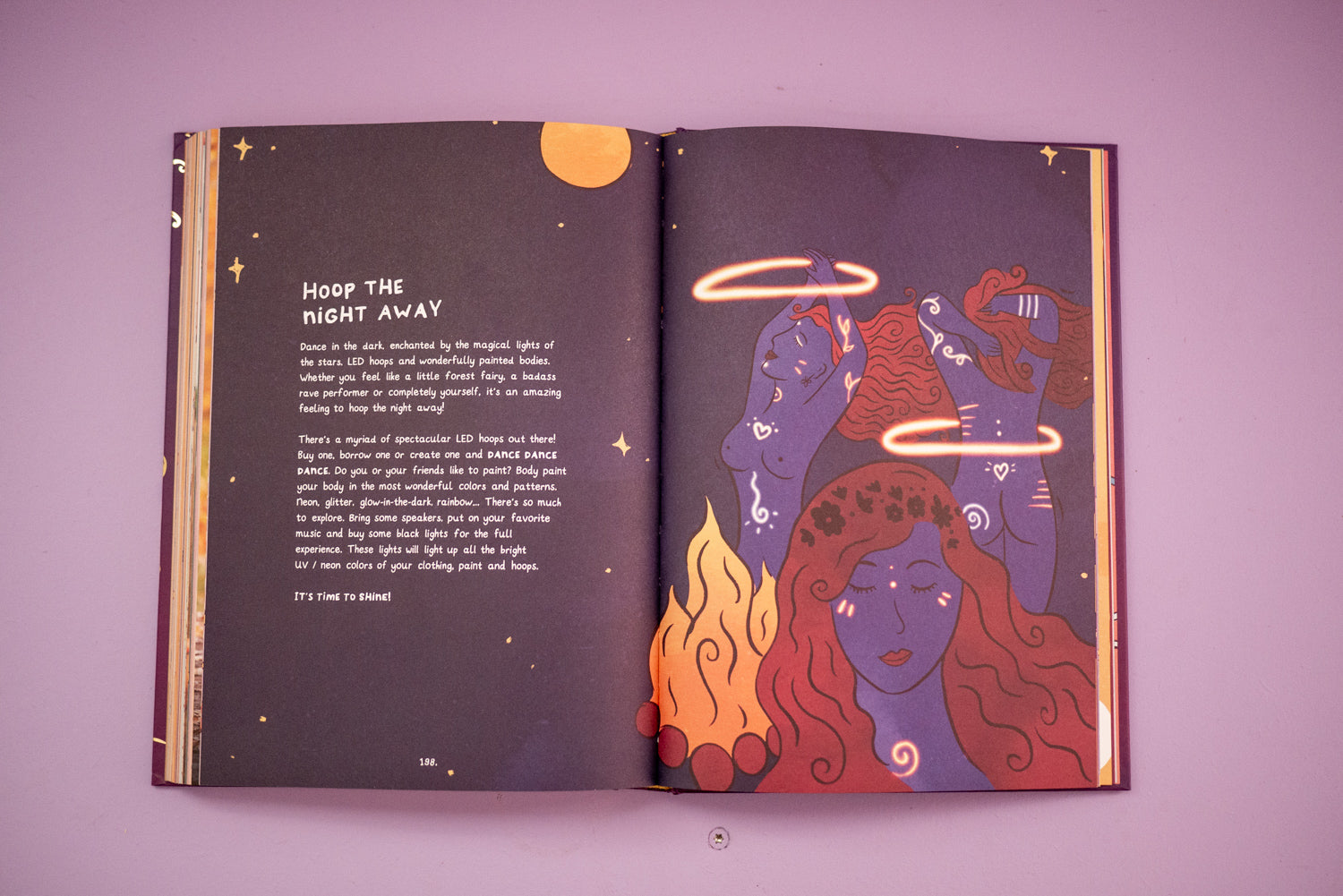 Inside pages of The Hoop Book by Hoop Hoop Hurray, featuring hoop dance tutorials, interviews, and inspiration for flow artists.