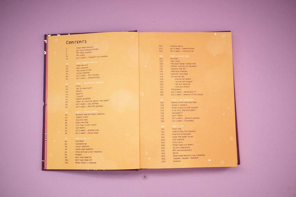Inside pages of The Hoop Book by Hoop Hoop Hurray, featuring hoop dance tutorials, interviews, and inspiration for flow artists.