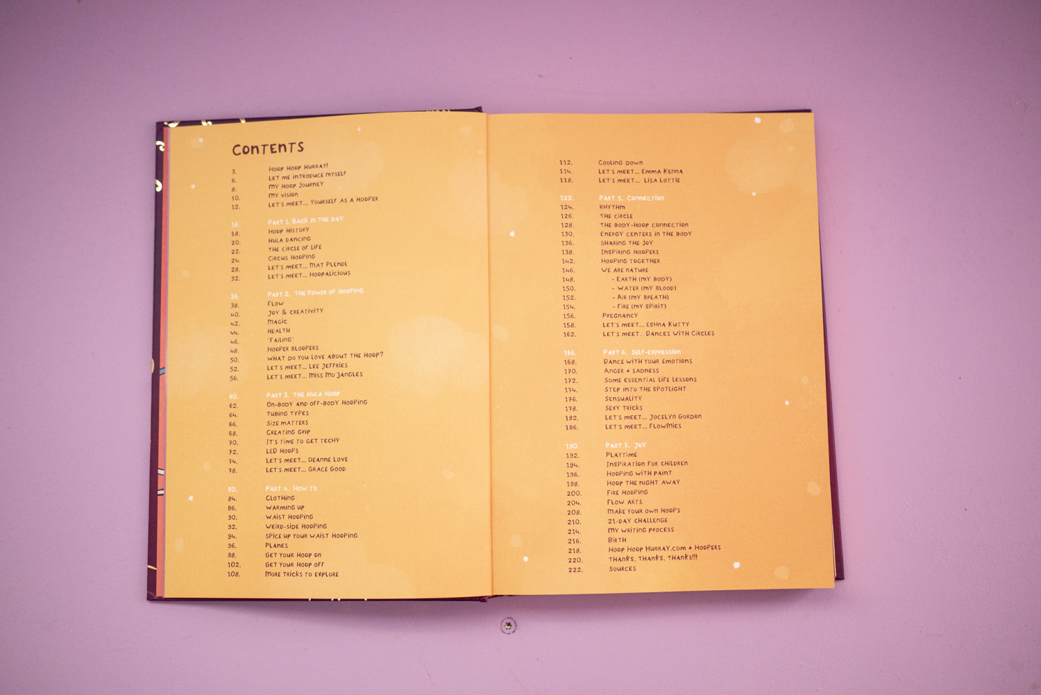 Inside pages of The Hoop Book by Hoop Hoop Hurray, featuring hoop dance tutorials, interviews, and inspiration for flow artists.