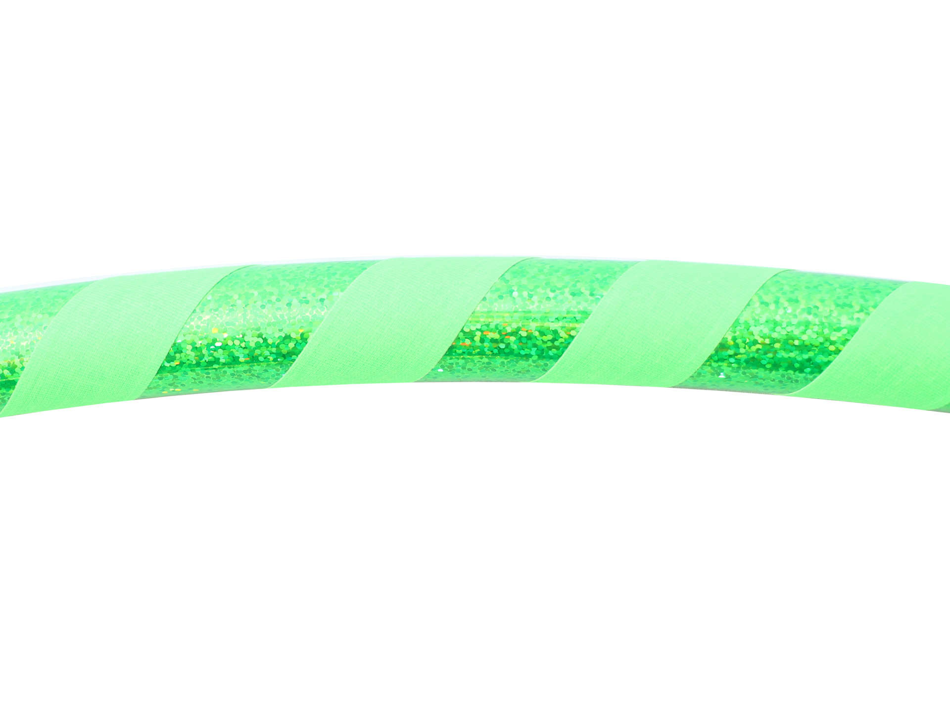 green hula hoop with sparkle sequin glitter tape on white background. for families. for kids. for exercise and fitness. 