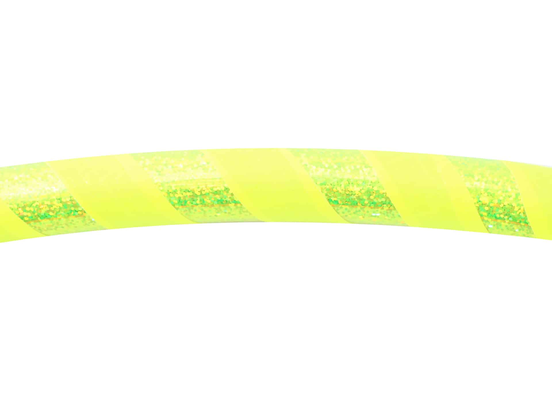 Neon yellow hula hoop with sequin glitter sparkle tape on a white background. fun activity for families. 